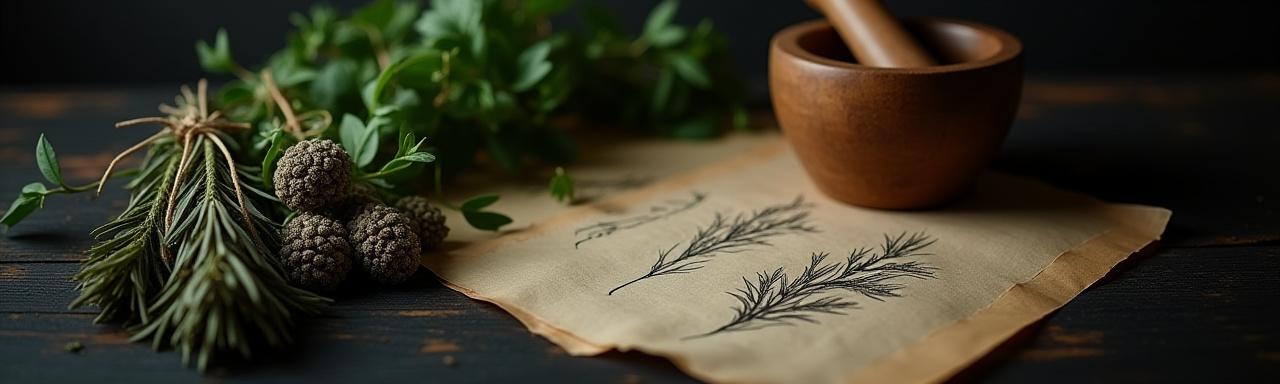 Soft focused background of organic herbs and scrolls